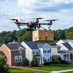 Poster - A high-tech drone carrying a cardboard box adorned with the Maryland flag, flying over a suburban neighborhood.