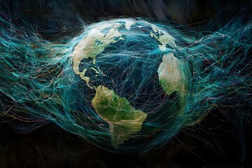 Wall Mural - abstract globe surrounded by flowing digital networks connecting all continents