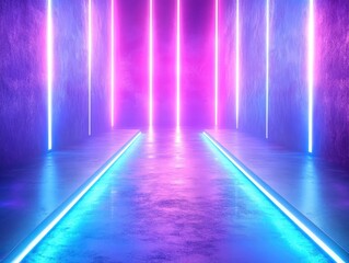 Poster - Ethereal Neon Light Tunnel with Colorful Vertical Stripes and Glossy Floor Reflecting Vibrant Hues in an Abstract Futuristic Space
