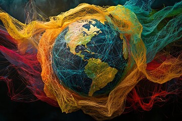 Wall Mural - abstract globe surrounded by flowing digital networks connecting all continents