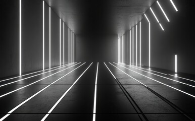 Poster - Futuristic Abstract Interior with Neon Lights and Lines Creating Depth in a Dark Space