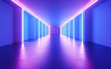 Poster - Futuristic corridor with vibrant neon lights and smooth floor reflecting colors in a modern minimalist architectural space for creative projects and designs