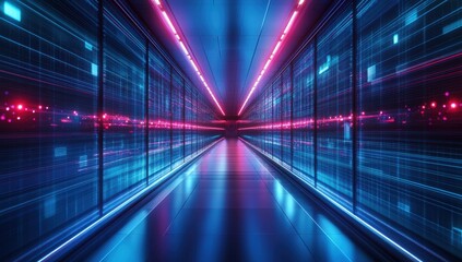 Aufkleber - Futuristic Digital Corridor with Neon Lights and Data Flow Illustrating Advanced Technology and Innovation Concepts in a Cyber Environment