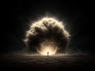 Poster - Apocalyptic digital collage of a lone figure standing before a massive crumbling moon, sci-fi and dramatic, cinematic lighting, vast scale, eerie yet mesmerizing, deep shadows