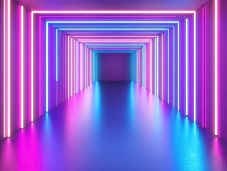 Poster - Futuristic hallway with vibrant neon lights in pink and blue colors, creating a dynamic and visually striking perspective in a modern space