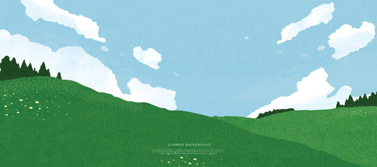 Abstract Green Summer landscape background vector. Nature wallpaper of green field on mountain, flower, blue sky. Watercolor illustration for cover, banner, wall art, decoration.