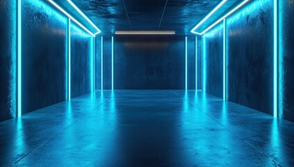 Poster - Futuristic Neon Blue Room with Dark Walls and Reflections, Perfect for Sci-Fi Themes, Virtual Reality, and Modern Design Projects