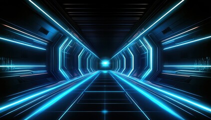 Poster - Futuristic Neon Corridor Design with Glowing Lines in a Sci-Fi Style for High-Tech Backgrounds and Visual Effects in Digital Art Projects