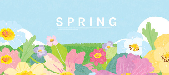 Wall Mural - spring season botanical art background vector. natural hand drawn pattern design with cute flowers, 
