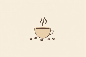 Poster - Elegant minimalist coffee cup logo with steam and scattered beans in warm brown and beige tones