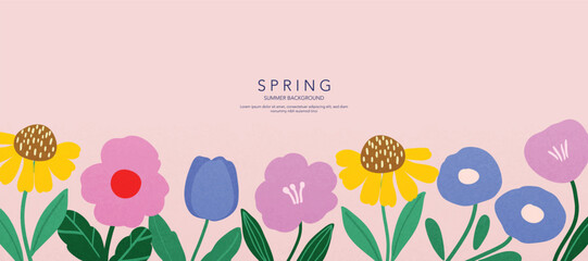 Wall Mural - spring season botanical art background vector. natural hand drawn pattern design with cute flowers, 