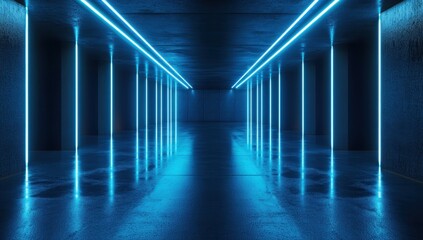 Poster - Futuristic Underground Corridor with Bright Blue Neon Lights and High-Contrast Shadows in a Dark Industrial Environment