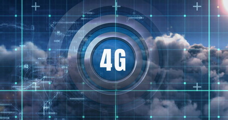 Poster - Image of grid and data over 4g text and cloudy sunset sky
