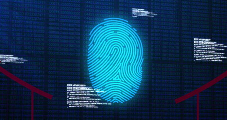Poster - Image of biometric fingerprint scan over processing data on dark interface screen