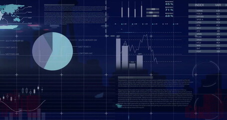 Aufkleber - image of charts and graphs processing data over city buildings at night