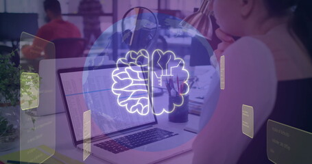 Poster - Image of ai data processing over biracial businesswoman using laptop