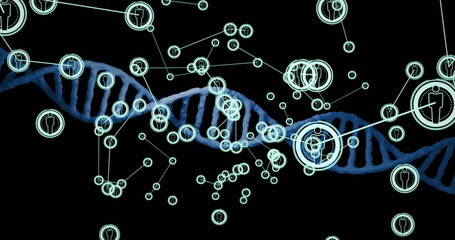 Poster - Image of network of connections with icons over dna strand on black background
