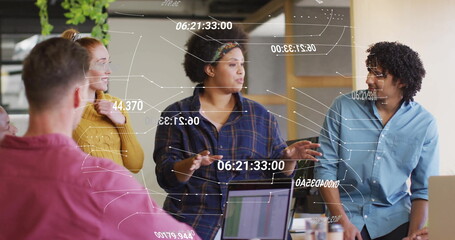 Poster - Image of data processing over diverse colleagues having meeting in office