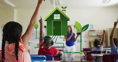 Poster - Image of eco icons over diverse schoolchildren and female teacher