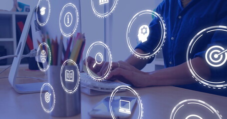 Poster - Image of network of connections with icons over caucasian businessman using computer