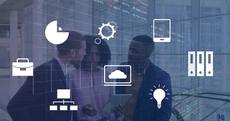 Poster - Image of data processing and business icons over diverse business people talking in office
