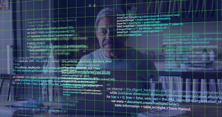 Poster - Image of financial data processing over senior biracial man using laptop