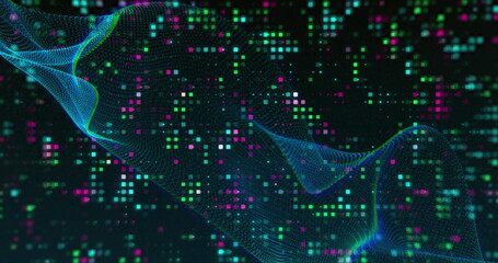 Poster - Image of network waves over colourful twinkling light wall on dark background