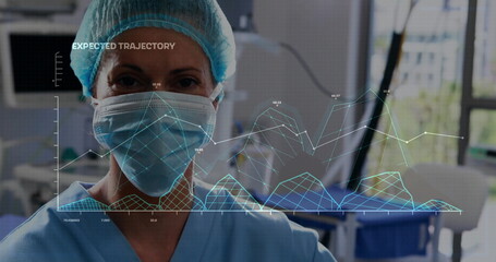 Poster - Image of data processing and diagrams over biracial female surgeon in operating room