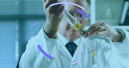 Poster - Image of eye icon over caucasian male scientist taking sample in lab