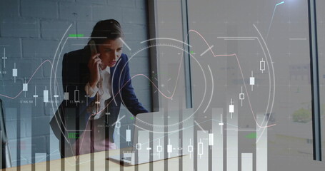 Poster - Image of scope scanning and diagrams over caucasian businesswoman talking on smartphone