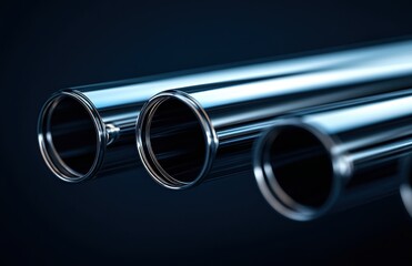 Poster - High-Quality Close-Up of Chrome Metal Tubes Displaying Reflective Surface with Dark Background for Industrial and Modern Design Concepts