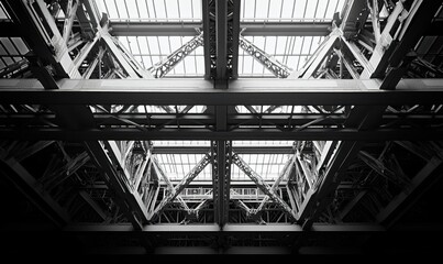 Poster - Industrial Architecture Frame with Geometric Patterns and Symmetry in Black and White Photo of Modern Structural Design Elements