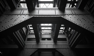 Poster - Industrial Architecture of a Steel Structure with Polished Metal Beams and Glass Roof, Shot from Below, Highlighting Modern Urban Design and Engineering
