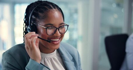 Aufkleber - Call center, woman and laugh with headset in office, customer service and business consultant for help. Telemarketing, female agent and crm support with mic for feedback, listening and joke for sales