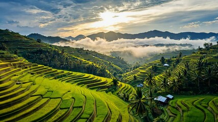 Wall Mural - stunning rice terraces landscape at sunset with mountains, greenery, and dramatic skies