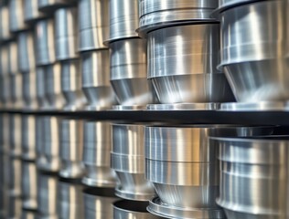 Poster - Industrial Metal Containers Stacked Neatly in Rows Highlighting Manufacturing Precision and Modern Technology in a Well-Organized Workspace