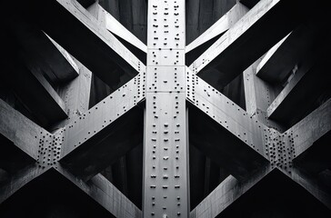 Poster - Industrial Steel Framework with Bold Geometric Lines and Textured Surfaces Underneath a Bridge or Overpass Structure in Monochrome Tones