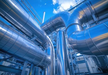 Poster - Industrial Steel Pipeline System with Bright Blue Sky and Cloud Reflections in a Modern Factory Environment