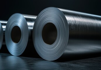 Poster - Industrial Steel Rolls in a Dark Setting Featuring Smooth Surfaces and Reflective Textures Ideal for Manufacturing and Design Projects