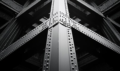 Poster - Industrial Steel Structure with Rivets and Cross Bracing, Captured from Ground Level, Showcasing Architectural Design and Engineering Details