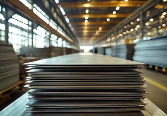 Industrial warehouse interior showcasing stacked steel sheets with natural lighting emphasizing the textures and organized layout of the manufacturing space
