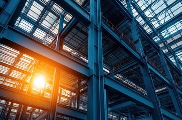 Poster - Industrial Warehouse Structure with Steel Beams and Skylights Illuminated by Sunlight Technology, Large Space, Modern Design, Construction Industry