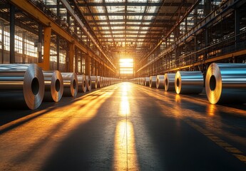 Poster - Industrial Warehouse with Steel Rolls Illuminated by Sunset, Spacious Hall Design, Metal Manufacturing Environment, Rich Light and Shadows