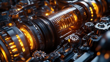 Poster - Intricate Close-Up of a Glowing Mechanical Engine with Gears and Transparent Components Showcasing Advanced Technology and Industrial Aesthetics
