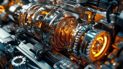 Poster - Intricate Close-Up of a Futuristic Machine Engine with Glossy Surfaces, Gears, and Illuminated Elements in a High-Tech Industrial Setting