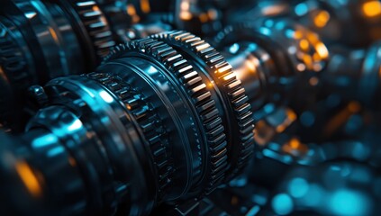 Poster - Intricate Close-up of Metallic Gears and Cogs in a Complex Machine with Reflections and Highlights, Mechanism Concept in Industrial Design