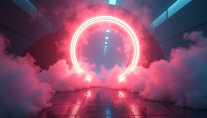 Fototapete - A Neon Ring Surrounded By Pink Smoke In A Mysterious Chamber