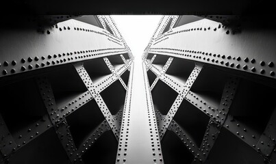 Poster - Intricate Steel Structure Beneath a Bridge, Capturing the Symmetry and Design of Modern Engineering in Black and White Perspective Photography