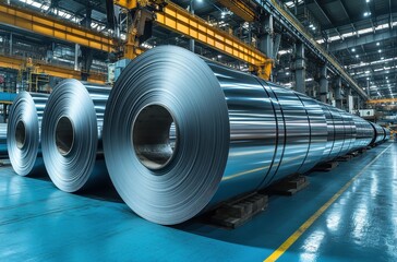 Poster - Large rolls of steel coils stacked in a modern manufacturing facility, showcasing industrial production and advanced technology in metal processing