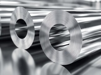 Poster - Metallic coil rolls on reflective surface showcasing industrial design with smooth texture and shiny finish suitable for manufacturing and fabrication contexts